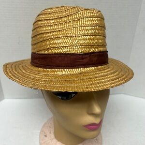 Stylish Gold Straw Hat with Brown Band